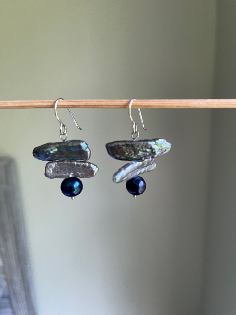 Abalone Shell and Blue Pearl Drop Earrings Sterling Silver - Picture 3 of 5
